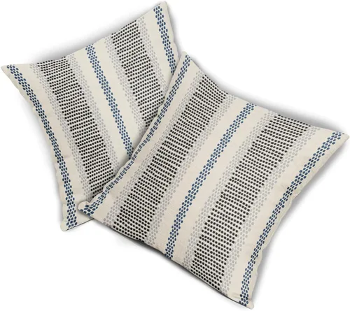 Vista 8 de Juego de 2 fundas de almohada negras y azules con rayas de puntos grises, decorativas para exteriores, estilo boho rústico, para sofá, cama, cojín