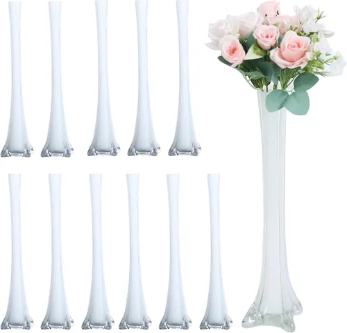 Vista 7 de Paquete de 12 jarrones de la Torre Eiffel para decoración de flores, bodas, decoración (12 pulgadas, transparente)