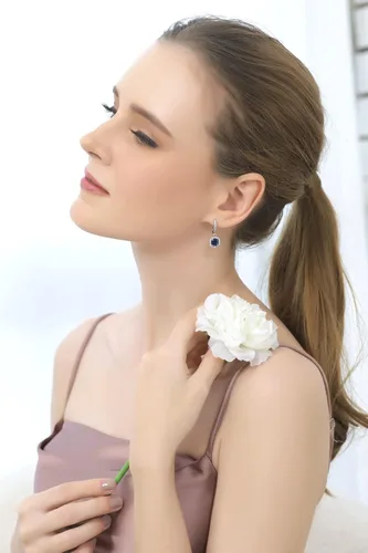 Vista 4 de Aretes para mujer, aretes de piedra natal, aretes de piedras preciosas genuinas o sintéticas, aretes de halo, aretes colgantes, aretes delicados
