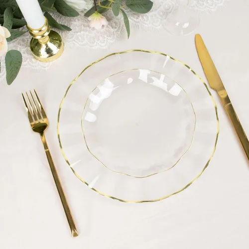 Vista 191 de Tableclothsfactory Paquete de 10 platos redondos de plástico negro de 6 pulgadas para ensalada de postre, platos desechables con borde ondulado