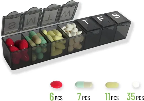 Vista 4 de Paquete de 2 pastilleros semanales (7 días), pastilleros de 7 días, pastillero diario de viaje, organizador de medicamentos portátil y planificador