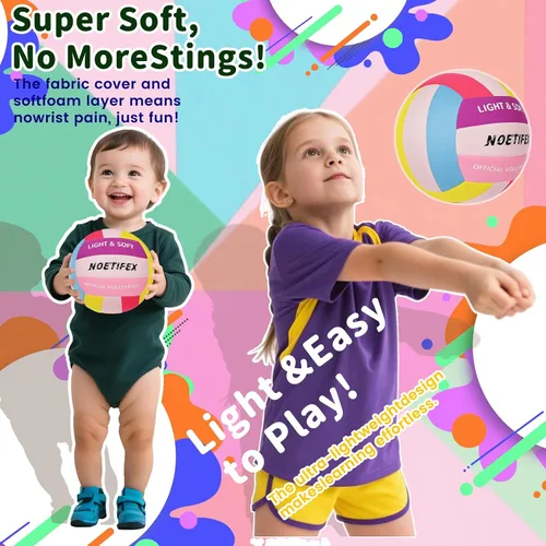 Vista 6 de Pelota de vóleibol suave - Tela súper suave y ligera para práctica en interiores, segura y silenciosa, ideal para niños, jóvenes, principiantes