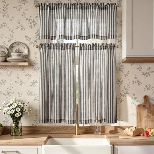 Vista 10 de Jinchan - Juego de cortinas y cenefas de cocina estilo bohemio negro sobre beige y bolsillo para barra Boho Negro sobre Beige