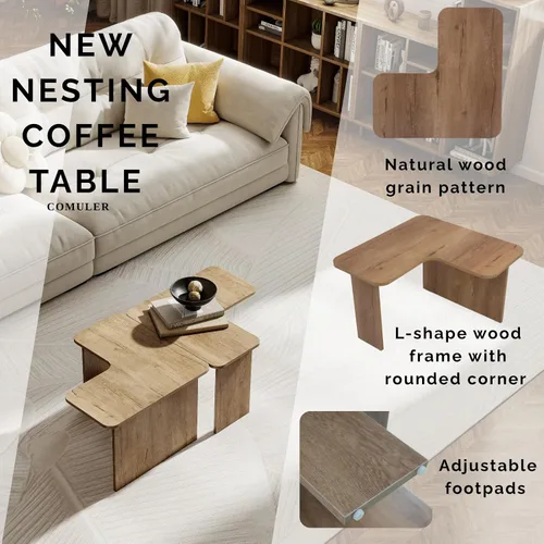 Vista 3 de Juego de 2 mesas de centro anidables modernas, de madera natural, en forma de L, para sala de estar, mesa auxiliar pequeña con mesa central ligera