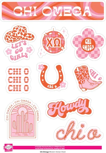 Vista 5 de Chi Omega - Hoja de calcomanías de vinilo de diseño occidental con diseños oficiales, adhesivo extraíble, 10 calcomanías por hoja, por Sorority Shop