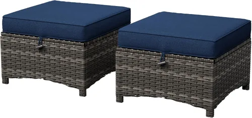 Vista 10 de Juego de 2 otomanas para patio, 22 x 22 x 18 pulgadas, reposapiés de mimbre para exteriores con cojín, beige, para jardín, patio trasero, cubierta