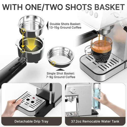 Vista 8 de AYCHIRO Máquina de café expreso de 20 barras con espumador de leche, cafetera espresso profesional para el hogar, cafetera de capuchino de acero
