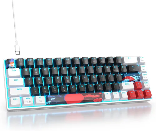Vista 25 de Protable - Teclado mecánico para juegos al 60%, mini compacto RGB retroiluminado 61 teclas, teclado de oficina con cable con interruptor rojo