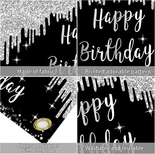Vista 6 de Cartel de feliz cumpleaños negro y blanco plateado para mujeres y niñas, cartel de feliz cumpleaños negro y plateado, suministros de fiesta, póster
