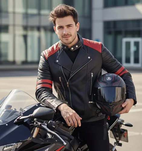 Vista 4 de Black Leather Jacket for Men - Cafe Racer Brando Style with Red Stripes Quilted Motorcycle Real Leather Jacket