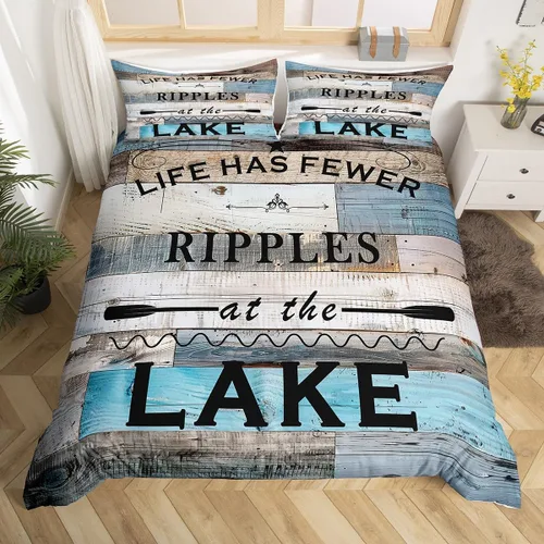 Vista 4 de Funda de edredón con temática de lago, tamaño Queen, funda de edredón rústica con 2 fundas de almohada para adolescentes y adultos, juego de ropa