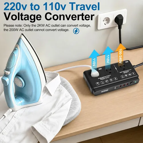 Vista 2 de 220v to 110v Travel Voltage Converter: International Universal Voltage Black Converter US to Europe Power Strip Plug Transformer - 2000W Electric