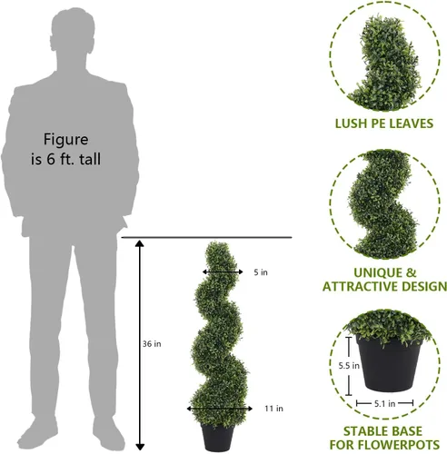 Vista 2 de THE BLOOM TIMES Juego de 2 árboles topiarios artificiales en espiral de 3 pies para exteriores, plantas de boj falsas de 36" para exteriores - Árbol