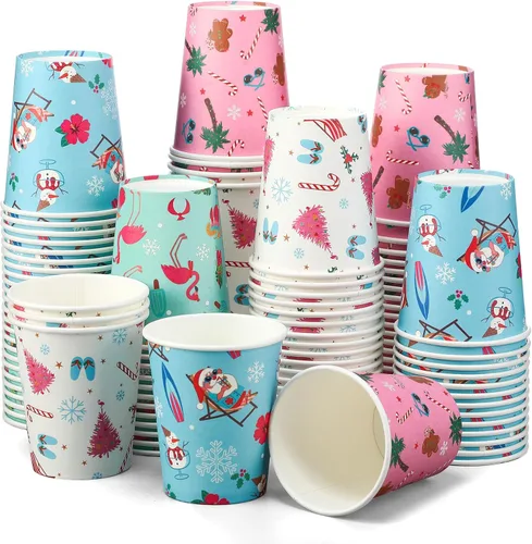 Vista 9 de Funtery 100 piezas de vasos de papel de Navidad, vasos de café desechables de Navidad con copos de nieve, muñeco de nieve, alce, luces, 9 onzas