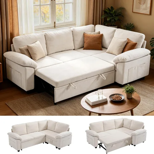 Vista 27 de 86" L-Shaped Sectional Sleeper Couch, Modular Pull-Out Storage Sofa Bed Green