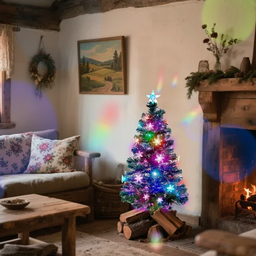 Vista 4 de Juegoal Árbol de Navidad Artificial Verde Preiluminado de 3 pies, Mini Árboles de Navidad de Mesa de Fibra Óptica Iluminada con Luces que Cambian