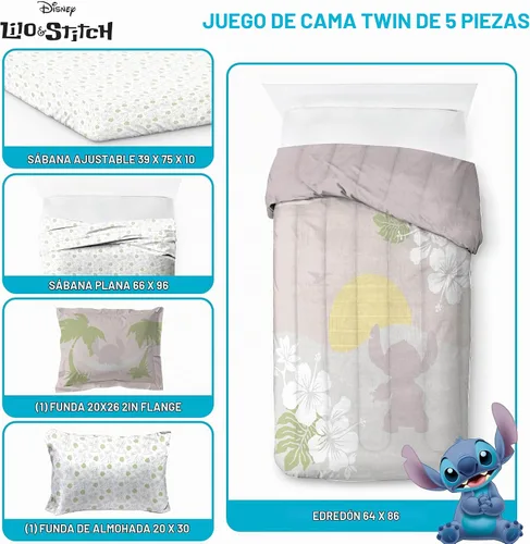 Vista 3 de Jay Franco Disney Lilo and Stitch - Juego de edredón tamaño Twin, ropa de cama de 5 piezas, incluye juego de sábanas y fundas de almohada, ropa