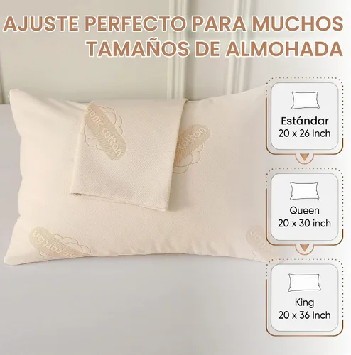 Vista 5 de Paquete de 2 protectores de almohada de algodón orgánico de lujo, estándar, certificado orgánico, impermeable, con cremallera, tela de punto suave
