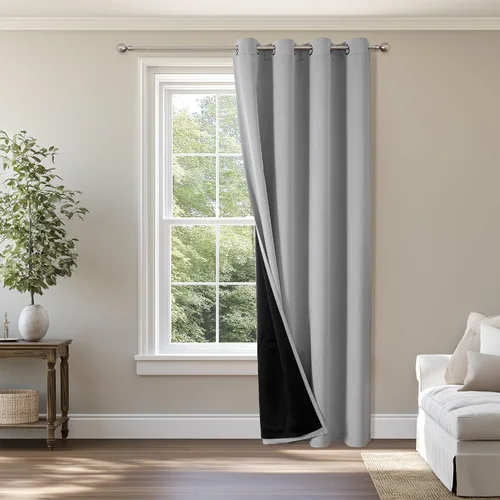 Vista 108 de ChrisDowa Cortinas 100% opacas de 63 pulgadas de largo para dormitorio con forro negro, 2 capas gruesas totalmente opacas con aislamiento térmico