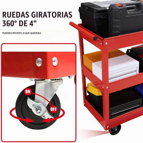Vista 4 de Torin APTC302B Carro de empuje de servicio de herramientas de acero con 3 estantes y capacidad de 200 lb, color rojo