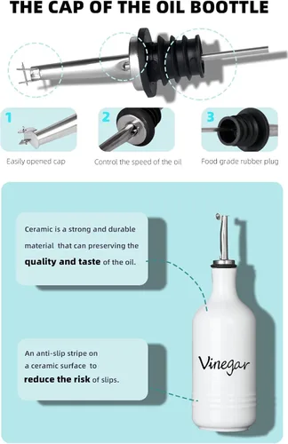 Vista 3 de Farmhouse - Juego de botellas dispensadoras de aceite y vinagre de cerámica, perfecto para almacenamiento de aceite y vinagre, 15 onzas (blanco)