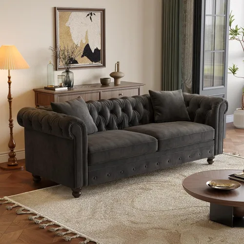Vista 8 de ONBRILL Sofá Chesterfield de 82 pulgadas, sofá de terciopelo de 23 pulgadas de profundidad para sala de estar, sofá capitoné con botones con brazos