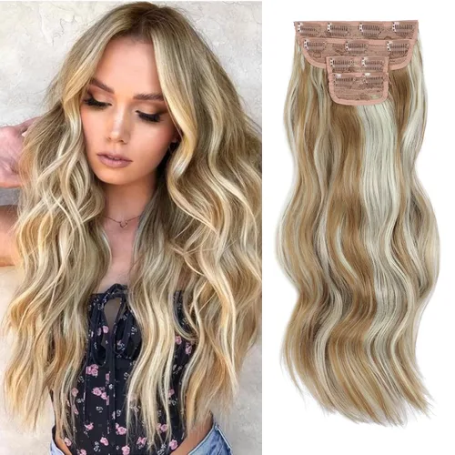 Vista 34 de Extensiones de cabello con clip de Vigorous de 20 pulgadas, con reflejos rubio playa, extensiones de cabello ondulado largo y suave de cabello