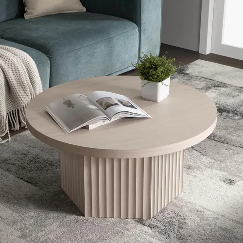 Vista 10 de SICOTAS Mesa de Centro Redonda para Sala de Estar, Mesa de Centro Acanalada Moderna de Mediados de Siglo con Almacenamiento, Mesa de Acento de Té