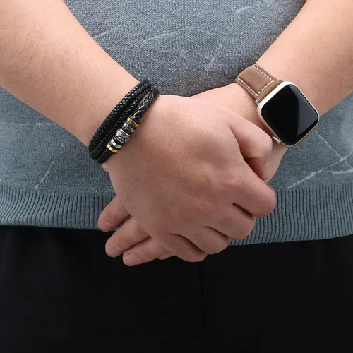 Vista 3 de Pulsera de cuero negro para hombre con correa de piel negra para hombre