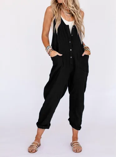 Vista 3 de LTSCNRM Overol de lino y algodón para mujer, para verano, casual, holgado, sin mangas, con correas ajustables y bolsillos