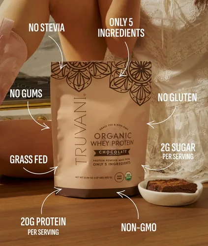 Vista 3 de Polvo de proteína de suero orgánico Truvani Chocolate 20g de proteína de suero alimentado con hierba 20 porciones Orgánico certificado USDA