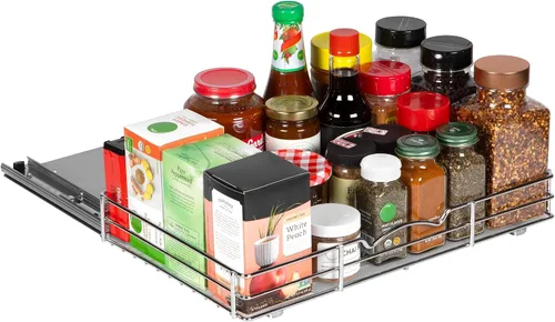 Vista 11 de Organizador de especias extraíble para gabinete – resistente cromado deslizante para especias 14 in de ancho x 10 3/8 in de profundidad x 2 1/8 in