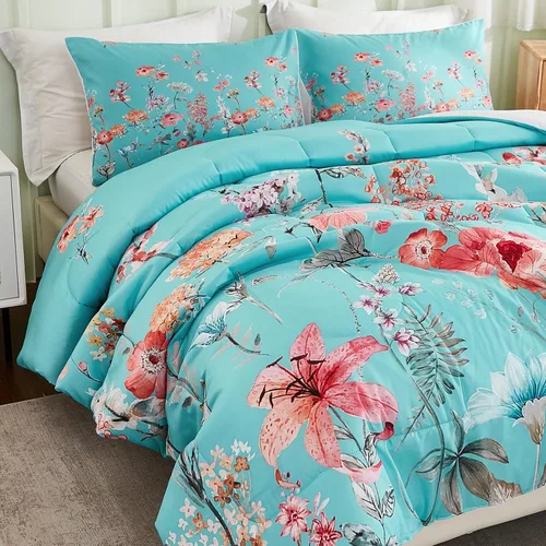 Vista 7 de Juego de edredón de cama tamaño Queen con estampado floral, color azul verdoso, juego de ropa de cama de estilo rústico francés, juego de edredón