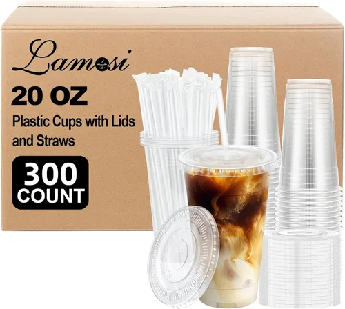 Vista 8 de Lamosi Paquete de 100 vasos de plástico transparente de 12 onzas con tapas y pajitas, tazas desechables para café helado con tapas para bebidas