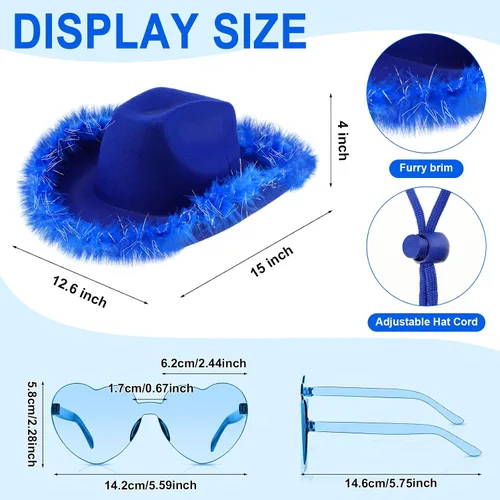 Vista 2 de Zhanmai 6 Pieces Cowgirl Hat with Feather Boa and 6 Pieces Heart Sunglasses Set for Girls Bachelorette Party, Costume Party