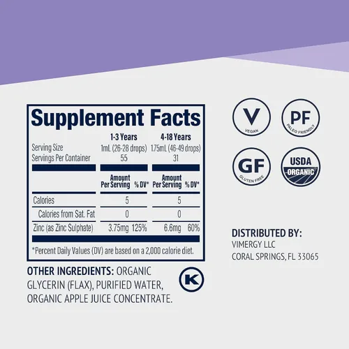 Vista 6 de VIMERGY Suplemento líquido de zinc para niños, orgánico sin OMG, 1.9 fl oz