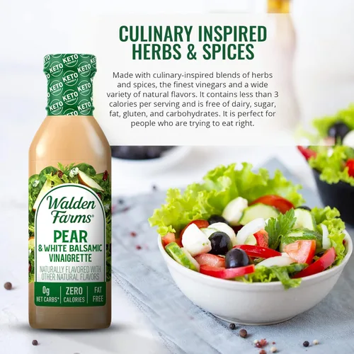 Vista 4 de Aderezo de ensalada de vinagreta de pera y vinagre balsámico blanco Walden Farms – Sin calorías, sin gluten, bajo en carbohidratos, apto para keto