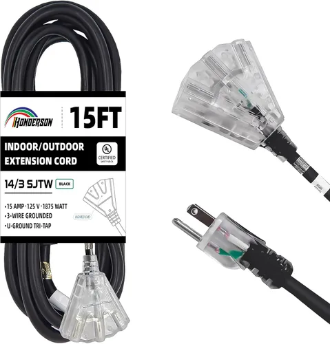 Vista 14 de Cable de extensión GFCI iluminado de 3 pies con 3 tomas de corriente, cable de extensión negro resistente SJTW 12/3 con enchufe a tierra de 3
