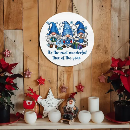 Vista 6 de Decoración de gnomos de Navidad para interiores, decoraciones de Navidad azules, muñeco de nieve, copo de nieve, rústico, granja, madera, placa