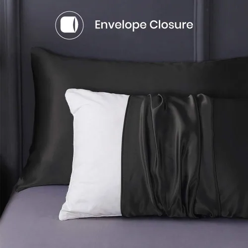Vista 4 de LILYSILK Juego de 2 fundas de almohada de seda estándar de lujo en ambos lados Real 19 Momme Mulberry Charmeuse Negro Estándar