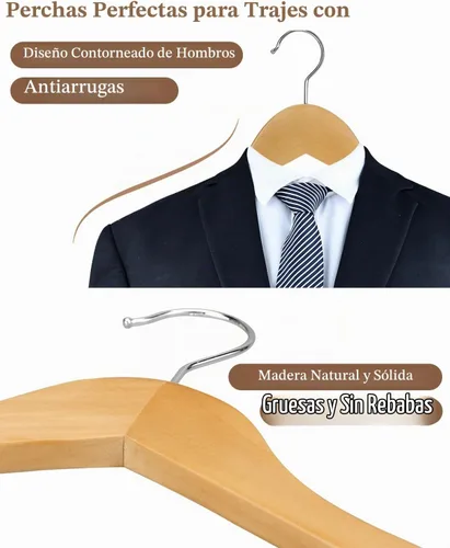 Vista 5 de AMKUFO Perchas de madera para trajes, paquete de 20 perchas de madera antideslizantes con muescas lisas de corte de finlandés, gancho giratorio
