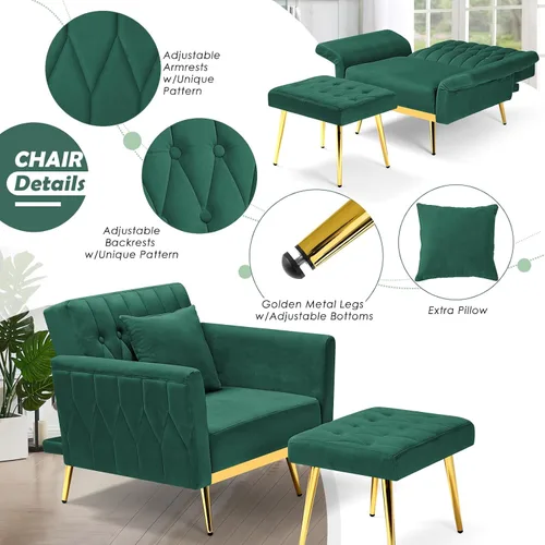 Vista 6 de Silla decorativa de terciopelo con respaldo y reposabrazos ajustables, color verde