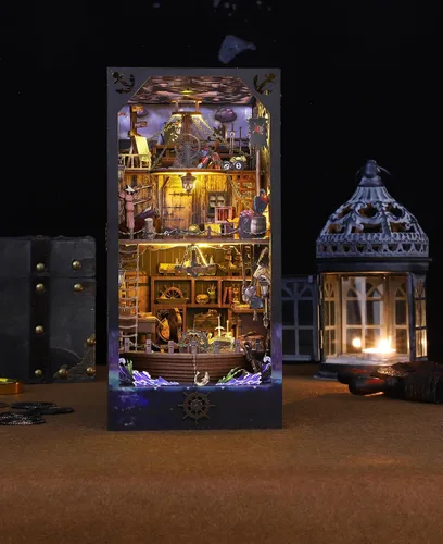 Vista 5 de Kit de rincón de libros, barco pirata, bricolaje, casa de muñecas en miniatura, decoración de estantería de madera 3D para adultos, soporte de casa