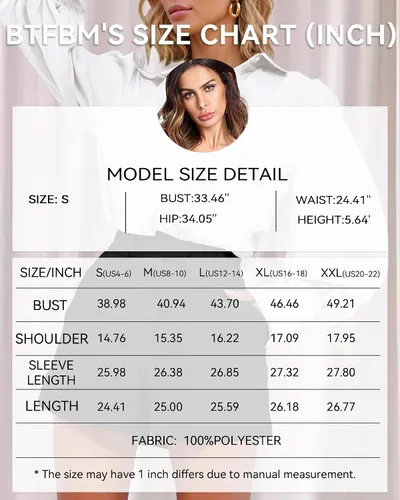 Vista 5 de BTFBM Camisas de satén con botones para mujer, para verano, otoño, manga larga, solapa, cuello en V, blusa suelta casual para oficina y trabajo