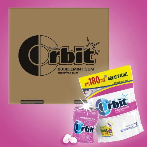 Vista 3 de ORBIT Bubblemint - Goma de mascar sin azúcar, paquete a granel, 2 bolsas, 180 piezas y 2 botellas, 55 unidades de goma de mascar