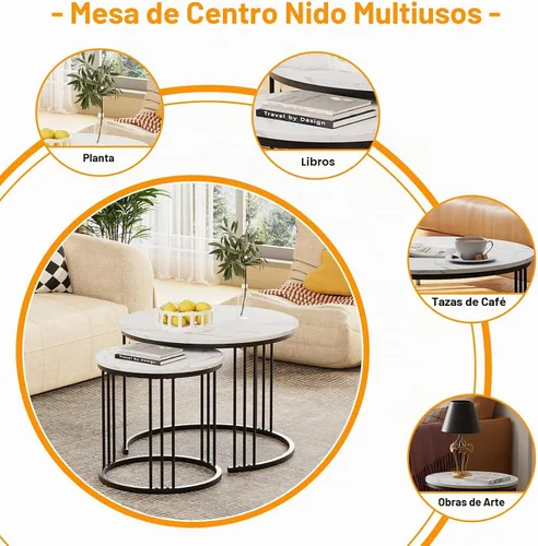 Vista 6 de Garden 4 you Mesa de Centro de Mármol Sintético Mesa Nido para Espacios Pequeños 2 Juegos Muebles Modernos Juegos de Sala Mesa Auxiliar Lateral