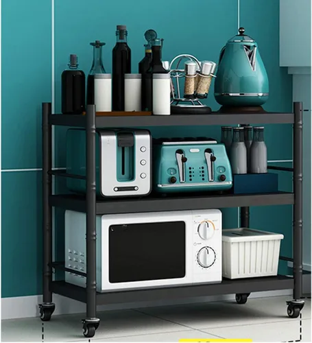 Vista 7 de Carrito de cocina con ruedas con cerradura, carrito de cocina con barra rodante, carrito de servicio industrial, almacenamiento de 3 niveles