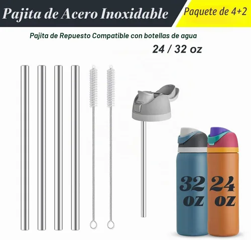 Vista 2 de 4 piezas de pajitas de acero inoxidable de repuesto compatibles con botella Owala 24 oz 32 oz, pajitas reutilizables con 2 cepillos de limpieza