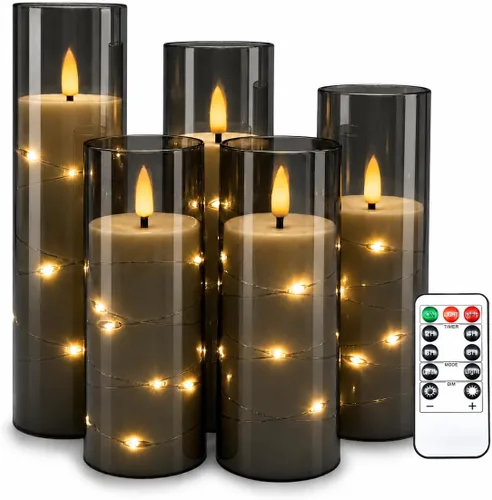 Vista 13 de Da by Paquete de 3 velas cónicas de acrílico transparente rojo sin llama, velas LED parpadeantes de mecha negra con cadena de luces de hadas, velas