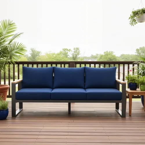 Vista 8 de Sundale Outdoor Muebles de patio, sofá de aluminio para todo tipo de clima, sofá de metal para exteriores de 3 asientos con cojín de olefina de 6